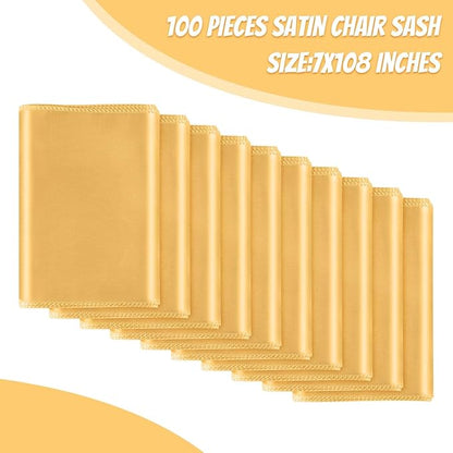 Satin Chair Sashes Bows Universal Chair Ribbon Ties Back Sash for Wedding Party Reception Events Banquets Hotel Event Chair Cover Decoration (7x108 inch) (100, Gold)