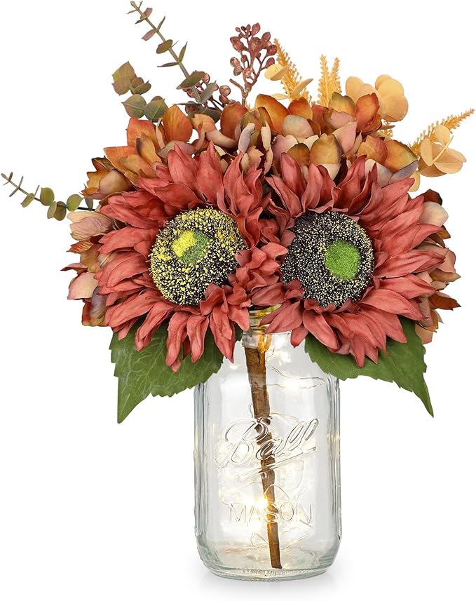 Silk Sunflowers Artificial Flowers with Mason Jar Centerpiece for Table Orange Red Fall Flowers in Vase Fall Floral Arrangement with Vase Thanksgiving Centerpiece for Dining Room Table Autumn Decor