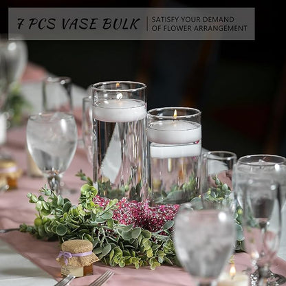 7Pcs Glass Cylinder Vase for Centerpieces Clear Glass Flower Vases Bulk, Glass Hurricane Candle Holder Tall 8 Inch Floral Vases for Table, Floating Candle Vases for Wedding Home Décor