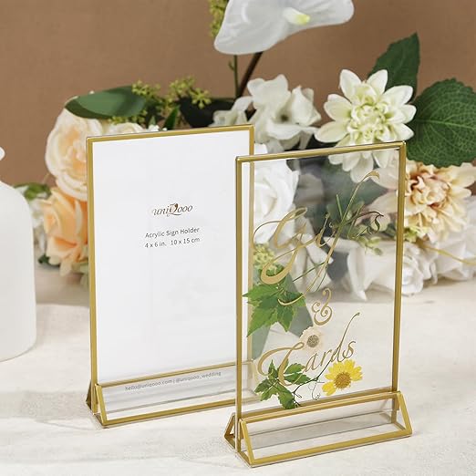 UNIQOOO Acrylic Sign Holders with Golden Border, Portrait View, Pack of 12 | 4x6 Inches Double Sided Clear Frame, Perfect for Wedding Reception, Centerpiece, Decoration, Party,Anniversary, Event
