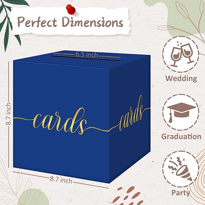 QIKSION Blue Graduation Card Box, Gold Foil Gift Card Box for Party, Graduation, Wedding Reception, Birthday, Baby Shower, Raffle