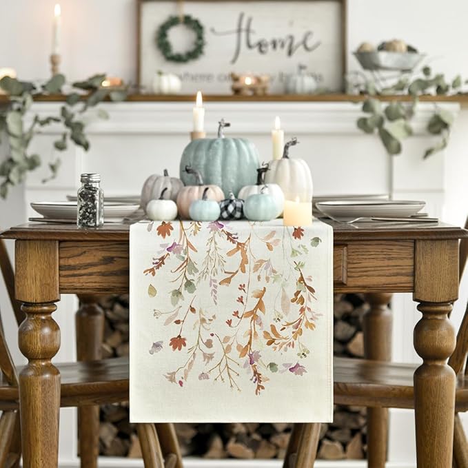 Artoid Mode Floral Leaves Fall Table Runner, Wild Flowers and Grasses Seasonal Autumn Kitchen Dining Table Decoration for Home Party Decor 13x36 Inch