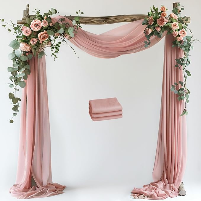 Wokceer Dusty Rose Wedding Arch Draping Fabric Backdrop 3 Panels 28.7" X 20FT Sheer Drapes Fabric for Wedding Arbor Ceremony Party