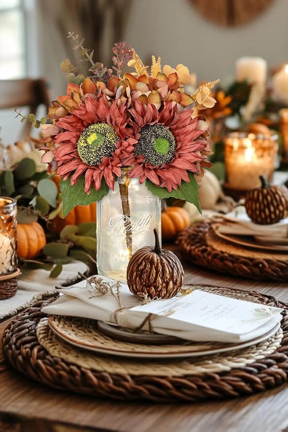 Silk Sunflowers Artificial Flowers with Mason Jar Centerpiece for Table Orange Red Fall Flowers in Vase Fall Floral Arrangement with Vase Thanksgiving Centerpiece for Dining Room Table Autumn Decor