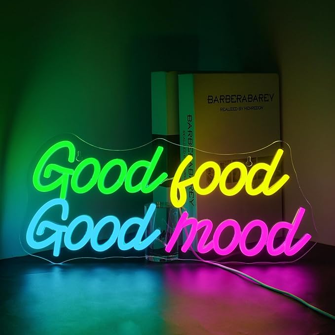 Looklight Good Food Good Mood Neon Sign,Letter Neon Signs for Wall Decor,Colorful Dimmable Neon Lights,USB Led Neon Signs for Kitchen Fast Food Shop Cafe Restaurant Store