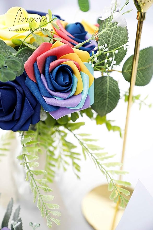 Floroom Artificial Flowers 25pcs Real Looking Whimsical Blue Foam Fake Roses with Stems for DIY Wedding Bouquets Baby Shower Centerpieces Floral Arrangements Party Tables Home Decorations