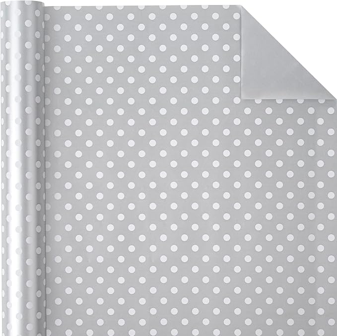 WRAPAHOLIC Reversible Wrapping Paper - Mini Roll - 17 Inch X 33 Feet - Silver Print and Polka Dot Design for Birthday, Holiday, Wedding, Baby Shower