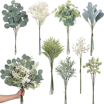 FOTEEWL 75 Pcs Artificial Greenery Stems Box Set,with 8 Kinds of Faux Plants and Fake Flowers for DIY Bridal Bouquets Wedding Floral Arrangement Table Centerpieces Decoration (Sage Green)