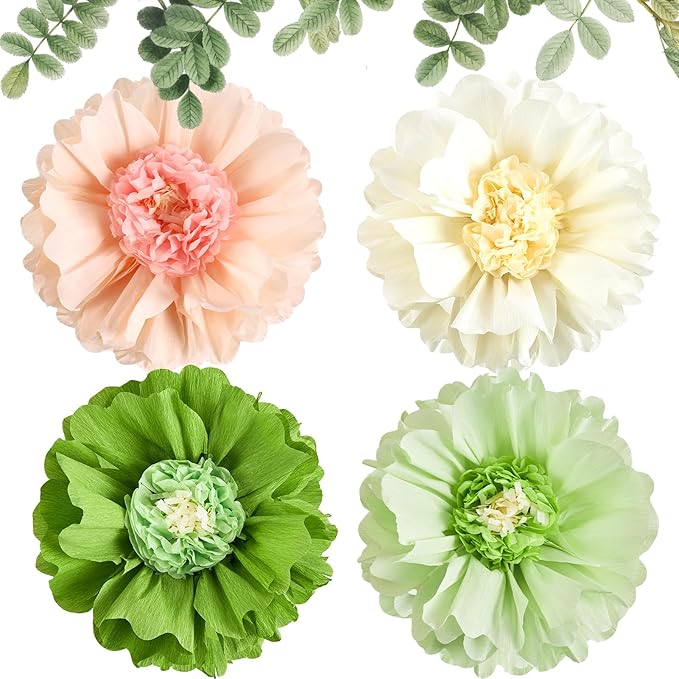 SUNBEAUTY 4 PCS 20" Sage Green Giant Paper Flowers Large Crepe Paper Tissue Flowers Artificial Decorations for Spring Summer Wall Backdrop Birthday Party Wedding Baby Shower Bridal Decorations