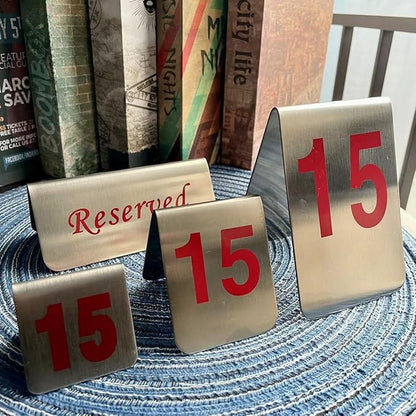 10 Pcs Metal Place Cards Stackable Tent Style Table Numbers，Place Card Holders for Celebration Wedding Party Restaurants Cafes Bars Gatherings meeting Room Board Game Serial (Medium 41-50, Red)