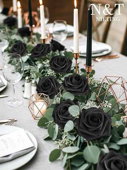 N&T NIETING Artificial Flowers Black Rose 50pcs Real Touch Flowers Perfect for for DIY Bouquets Wedding Party Baby Shower Home Decoration