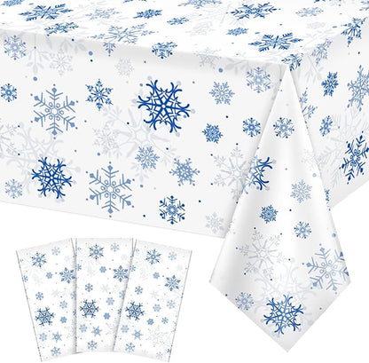 3 Pieces Snowflake Christmas Party Tablecloth Decorations,Plastic White Snowflake White Blue Xmas Backdrop Sign Table Cover Banner for Winter Christmas Holiday Party Supplies,54x108 inch（White/Blue）