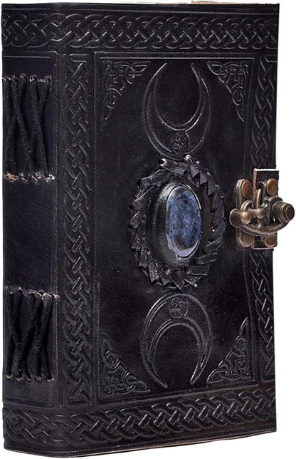 3 Moon Blue Lapiz Embossed Vintage Leather Journal | 240 Pages of Antique Handmade Deckle Edge Vintage Paper, Leather Sketchbook, Drawing Journal, Great Gift (5 by 7 inch, black)