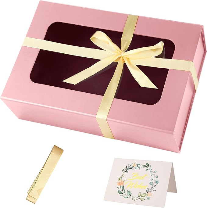 TIACABO Pink Large Gift Box with Window, 13.5"x9"x4.3" Bridesmaid Boxe for Gifts Giving,Birthday Gift Boxes with Magnetic,Closure Lid Gifts Box for Presents,Cute Boxe,Luxury for Gift Packaging