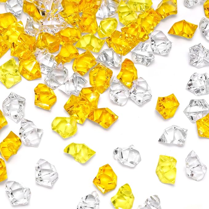 DomeStar Yellow and Orange Fake Ice, 150PCS Acrylic Fake Diamonds, Crushed Ices Plastic Gems Vases Fillers for Aquarium Tank Rocks Table Scatter Wedding Party Home Decor