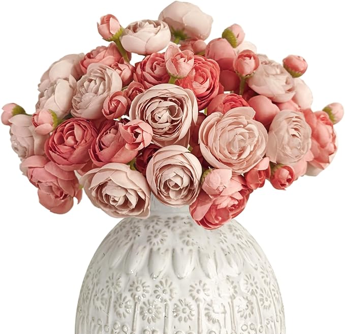 Letjolt Ranunculus Artificial Flower 18 Pcs Pink Silk Ranunculus Wedding Bouquet Engagement Centerpieces Arrangements Bridal Shower Decorations Home Decor, Deep Pink
