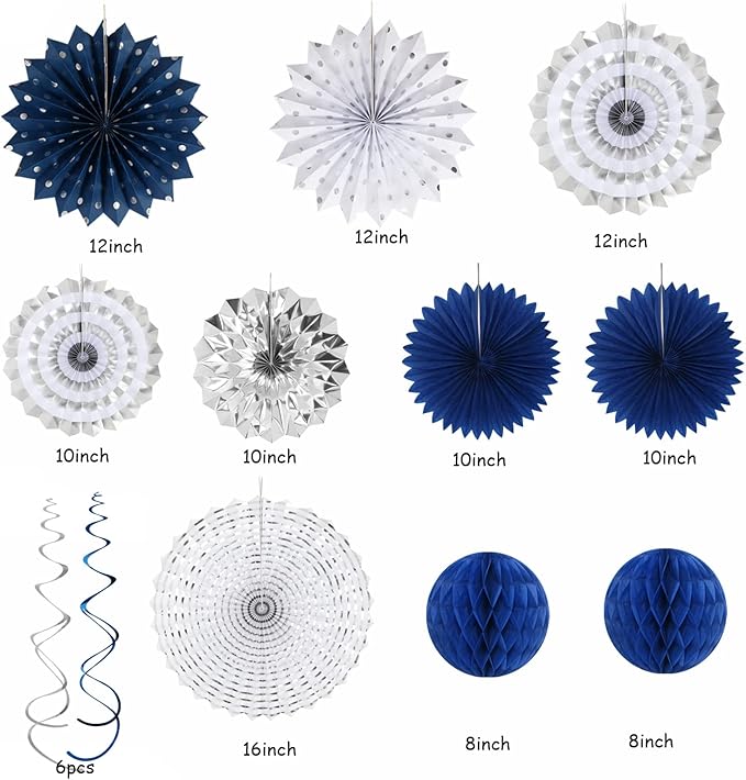 Navy-Blue White-Silver Graduation Party-Decorations - 33pcs Kits Banner, Streamers Tassel Garland,Tissue Pom Poms Honeycomb, Paper Lantern Fans,Wedding Birthday Baby Shower Backdrop Decor Hugtmr