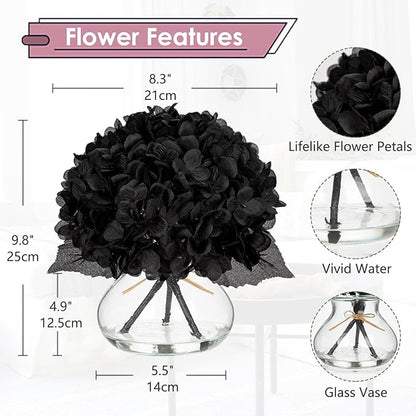 Hollyone Hydrangea Fall Flowers Artificial for Decoration with Glass Vase Black Silk Faux Flowers Arrangements in Vase with Faux Water Fake Floral Bouquet Table Centerpiece Fall Decorations for Home