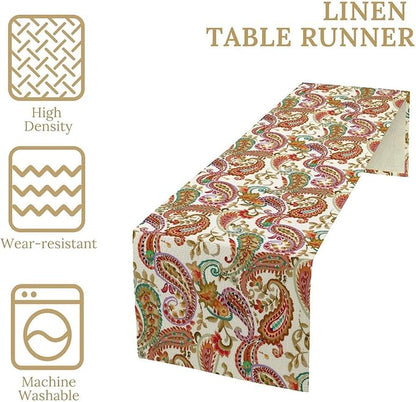 Colorful Paisley Table Runner, Boho Vintage Pink Red Teal Floral Leaves Print Table Runner for Home Kitchen Dining Table Holiday Party Decor, 13x70inch