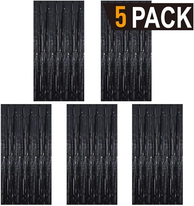 GOER 3.2 ft x 9.8 ft Metallic Tinsel Foil Fringe Curtains Party Photo Backdrop Party Streamers for Halloween,Birthday,Graduation,New Year Eve Decorations Wedding Decor (5 Packs,Black)