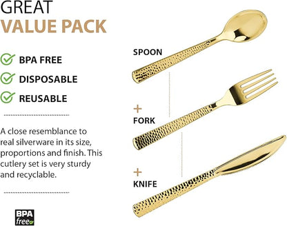 Plastic Cutlery Silverware Extra Heavyweight Disposable Flatware, Full Size Cutlery Combo, Gold Pebbled, 80 Forks, 40 Spoons, 40 Knifes, Value Pack 160 Count