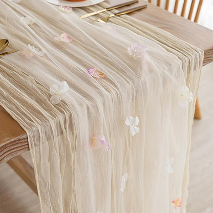 Romantic Artificial Floral Table Runner 10ft Gauze Tulle Lace Table Runner Set for Wedding Baby Shower Bridal Shower Holiday Kitchen Dining Table Decoration for Home Party Special Occasion