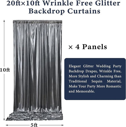 Outpain Thick 20 ft x 10 ft Black Silver Sequin Backdrop Curtain for Parties, Wrinkle Free Glitter Photo Backdrop Drapes 4 Panels 5x10ft Black Silver Back Drop Cloth for Wedding Photography Background