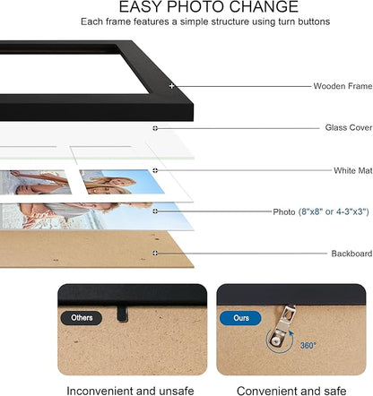 8x8 Picture Frame Set of 2, with Glass and Black Wood Frames, Display Collage Four Opening 3x3 With Mat or 8 x 8 Without Mat for Wall Hanging or Tabletop