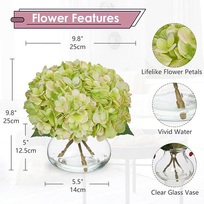 Hollyone Hydrangea Artificial Flowers with Glass Vase Green Silk Faux Flowers Arrangements in Vase with Faux Water Fake Floral Bulk Bouquet for Home Decor Table Centerpiece Decorations