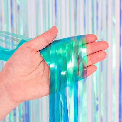 BRAVESHINE Party Decorations Iridescent Foil Fringe Backdrop - 2 Packs 3.2 x 6.5 ft Holographic Tinsel Backdrop Party Streamers Curtain for Birthdays Mermaid Sea Frozen Christmas Parties - Clear Blue