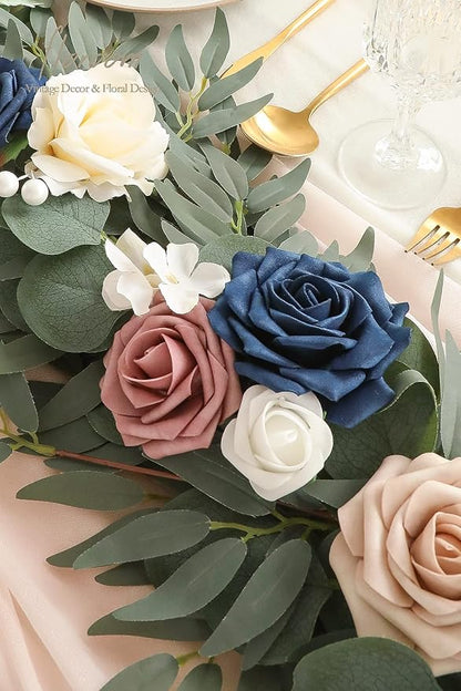 Floroom 6ft Artificial Eucalyptus Garland with Flowers Fake Greenery Faux Floral Vine Garland for Table Decor Wedding Centerpieces Bridal Shower Party Decorations, Dusty Rose & Navy