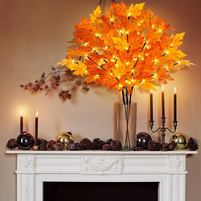 3Pcs 30”Lighted Maple Leaves Branches Stems with Timer Battery Operated 60 LEDs Fall Artificial Maple Branches with Lights for Vases Autumn Home Thanksgiving Halloween Christmas Decoration