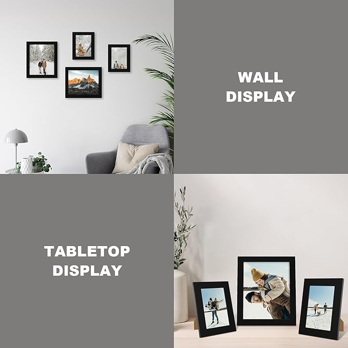 5x7 Picture Frame Set of 4, High Definition Glass Black Picture Frame, 5 x 7 Wood Rustic Photo Frames for Horizontal or Vertical Table Top and Wall Mounting