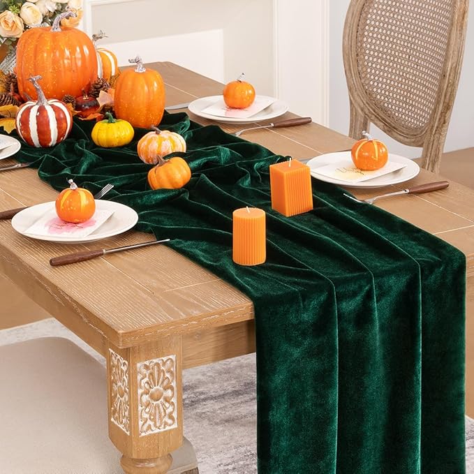Emerald Green Velvet Table Runner Fall Thanksgiving Table Runner 20 x 120 Inch Luxurious Elegant Velvet Fabric Friendsgiving Table Decorations for Christmas Dinner Wedding Bridal Baby Shower