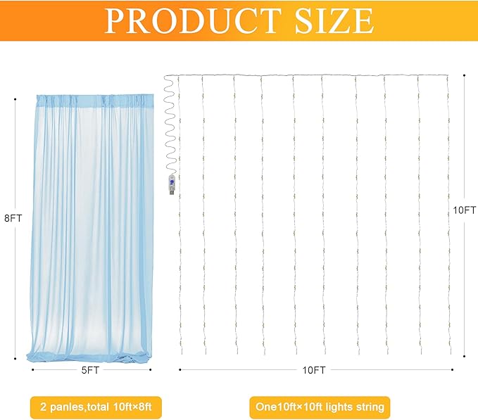 Fomcet Baby Blue Tulle Backdrop Curtains with Lights String 10FT X 8FT Sheer Curtain with Lights Tulle Curtains Backdrop for Wedding Birthday Party Photo Shoot (2 Panels 5x8FT)
