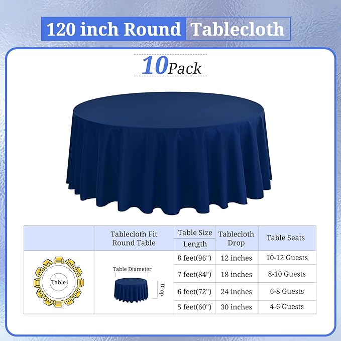 10 Pack Round Tablecloths - 120 Inch, Navy Blue Polyester Table Cover for Round Table, Stain and Wrinkle Resistant Washable Fabric Tablecloth, Polyester Tablecloth for Wedding Banquet Parties