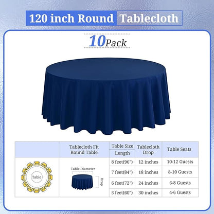 10 Pack Round Tablecloths - 120 Inch, Navy Blue Polyester Table Cover for Round Table, Stain and Wrinkle Resistant Washable Fabric Tablecloth, Polyester Tablecloth for Wedding Banquet Parties