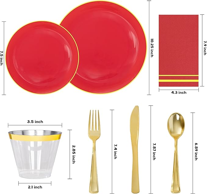NOCCUR 350PCS Red Plastic Plates - Disposable Red Gold Dinnerware Set for 50 Guests, 100 Dinner/Dessert Plates, 150 Gold Silverware, 50 Cups&50 Napkins for Party/Wedding/Birthday/Christmas