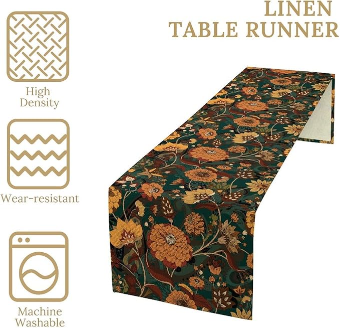 Orange Boho Floral Table Runner, Vintage Bohemian Home Kitchen Table Decoration for Birthday Party Picnic Decoration 13x36 Inch 1PCS