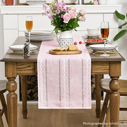 Artoid Mode Pink Rustic Cotton Linen Table Runner, Seasonal Embroidered Hollow Kitchen Dining Table Decoration for Home Party Decor 13x90 Inch