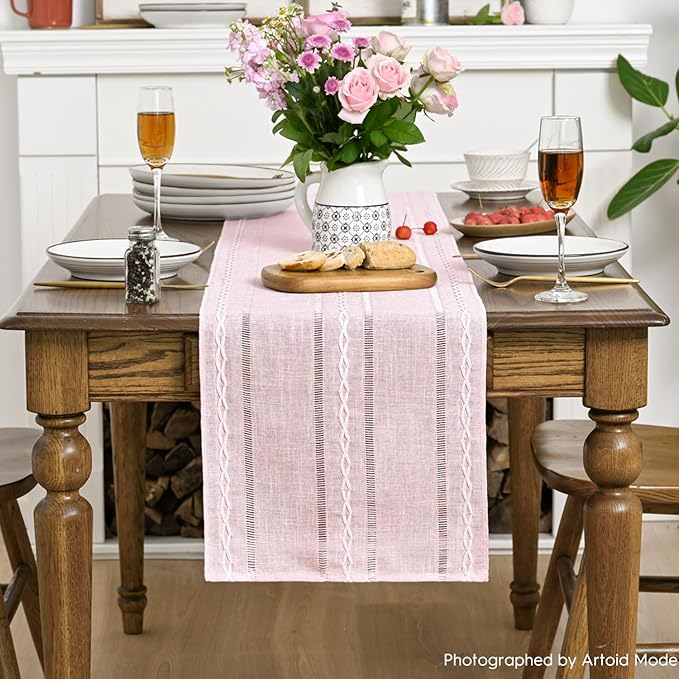 Artoid Mode Pink Rustic Cotton Linen Table Runner, Seasonal Embroidered Hollow Kitchen Dining Table Decoration for Home Party Decor 13x108 Inch