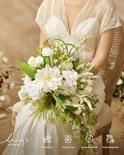 Ling's moment White Green Bridal Bouquet for Bride, White Green Wedding Bouquets for Bride, 13 Inch Bride Bouquets for Wedding Artificial Flowers Bouquets