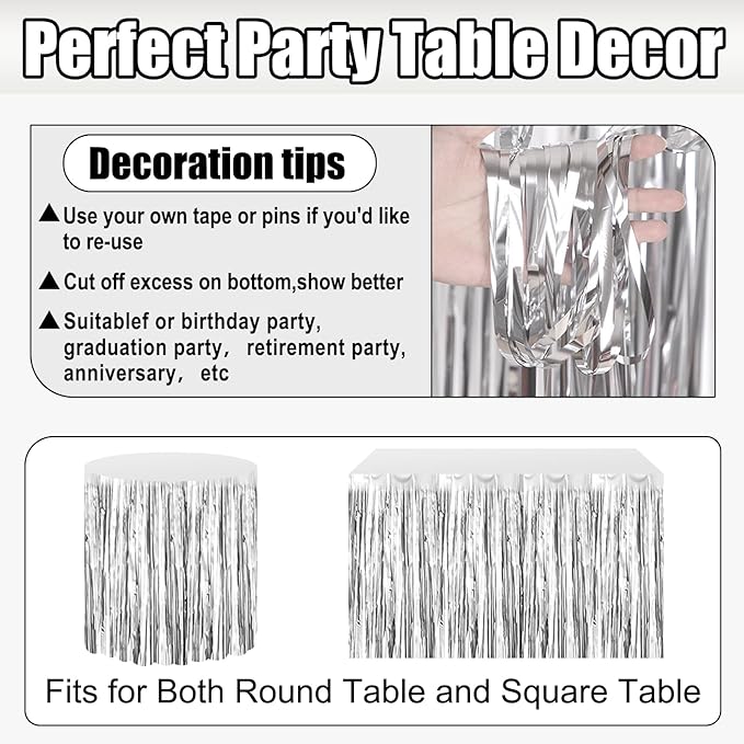 3 Pack 29x108 Inch Silver Foil Fringe Table Skirts Metallic Banner for Tinsel Streamer Garland Backdrop for Parade Floats Wedding Thanksgiving Birthday Christmas Halloween Party Decoration