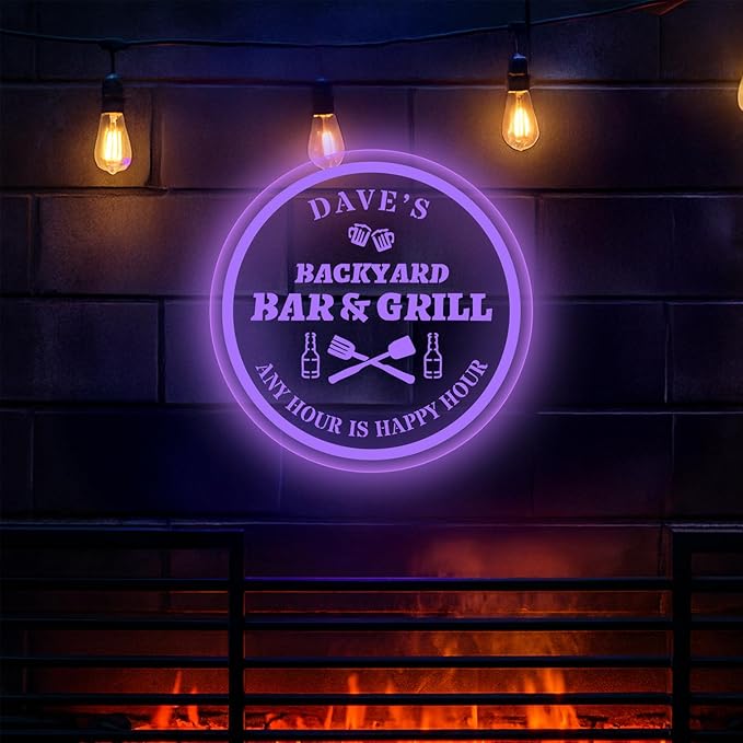 Custom Acrylic LED Bar Sign – Personalized Color Changing Wall Decor for Backyard Patio, Home Bar, Kitchen, or Man Cave (Bar & Grill, 16 INCHES)
