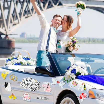 16 Pcs Just Married Car Decorations Include 14 Assorted Ornate Car Magnets Just Married Window Decal and Cardstock Sign Banner Wedding Decorations for Bridal Shower Honeymoon Photo Props