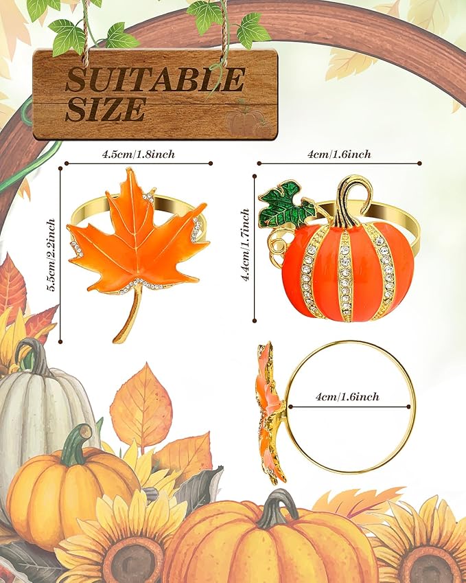 KPOSIYA Fall Napkins Rings, 6 Pcs Thanksgiving Napkin Ring Fall Maple Leaf Napkin Rings and Halloween Pumpkin Napkin Holders for Thanksgiving Table Decorations, Fall Banquet, Holiday Dinner Party
