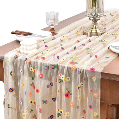 Joanlody 3pcs Champagne Embroidery Daisy Fall ThanksgivingTable Runner 10ft Florals Seasonal Tulle Table Runner Holiday Kitchen Dining Table Decoration for Home Party Indoor
