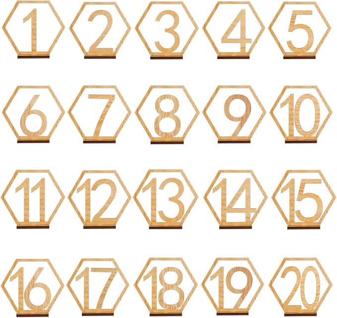 Wooden Table Numbers, Hexagon Shape 1-20 Wedding Table Numbers with Holder Base Rustic Hollow Out Wood Table Numbers Card for Wedding Party Event Catering Decoration (Hexagon)