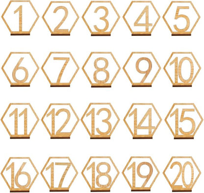 Wooden Table Numbers, Hexagon Shape 1-20 Wedding Table Numbers with Holder Base Rustic Hollow Out Wood Table Numbers Card for Wedding Party Event Catering Decoration (Hexagon)