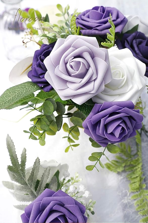 Floroom Artificial Flowers 25pcs Real Looking Violet Purple Ombre Colors Foam Fake Roses with Stems for DIY Wedding Bouquets Bridal Shower Centerpieces Party Tables Home Decorations